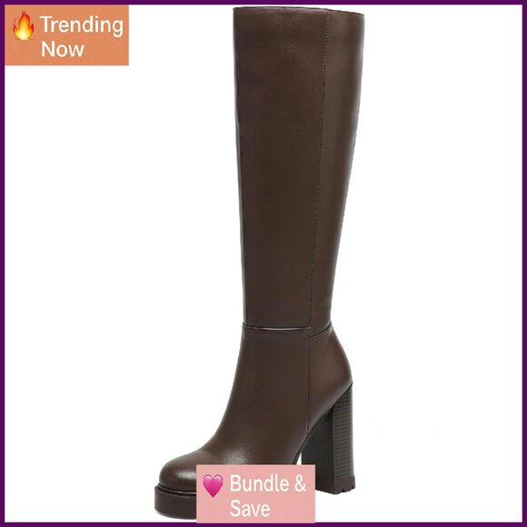 Knee High Platform Boots Women Chunky Heel Side Zipper PU Leather
